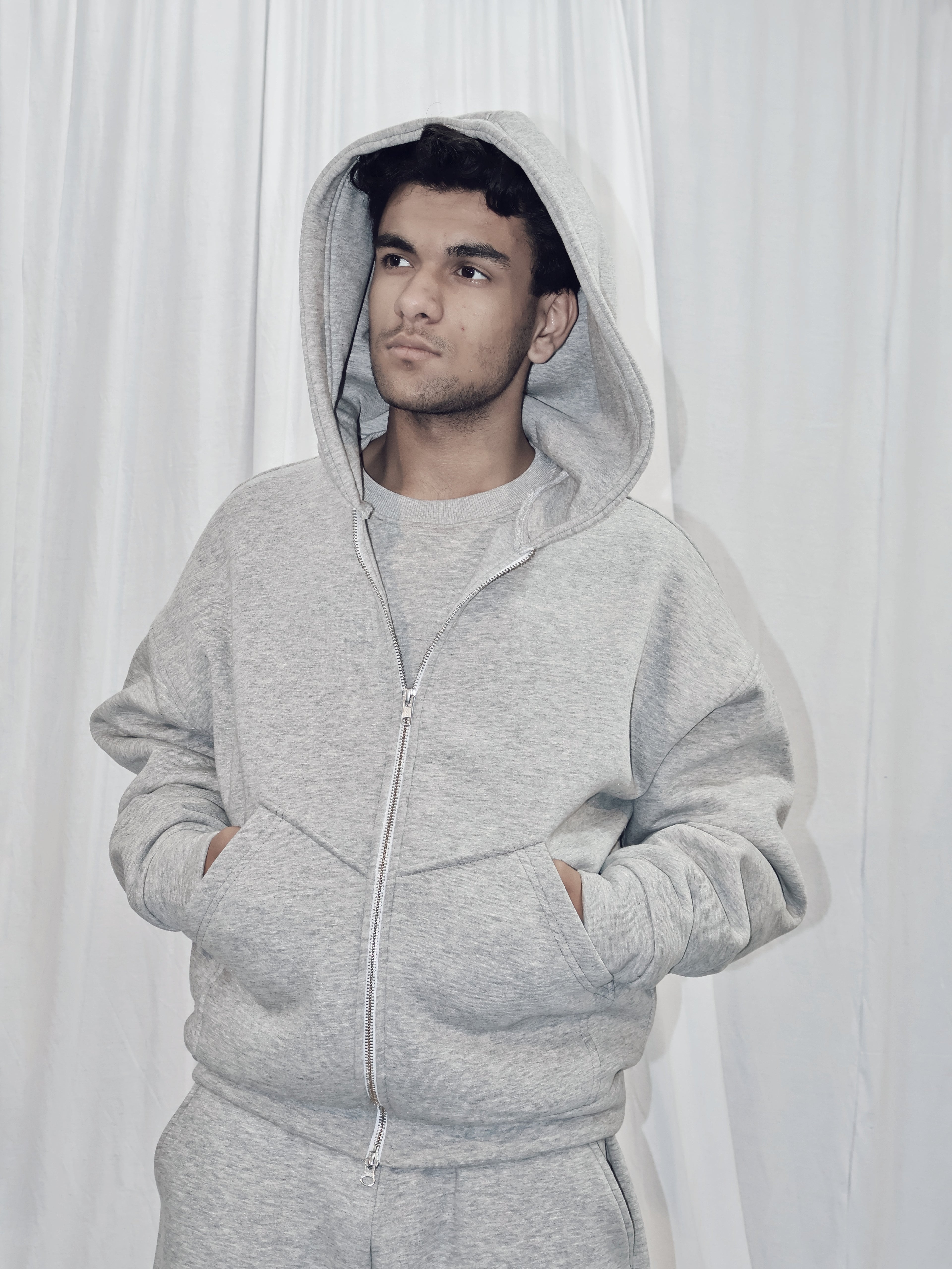 DOUBLE ZIPPER GREY UNISEX BAGGY HOODIE