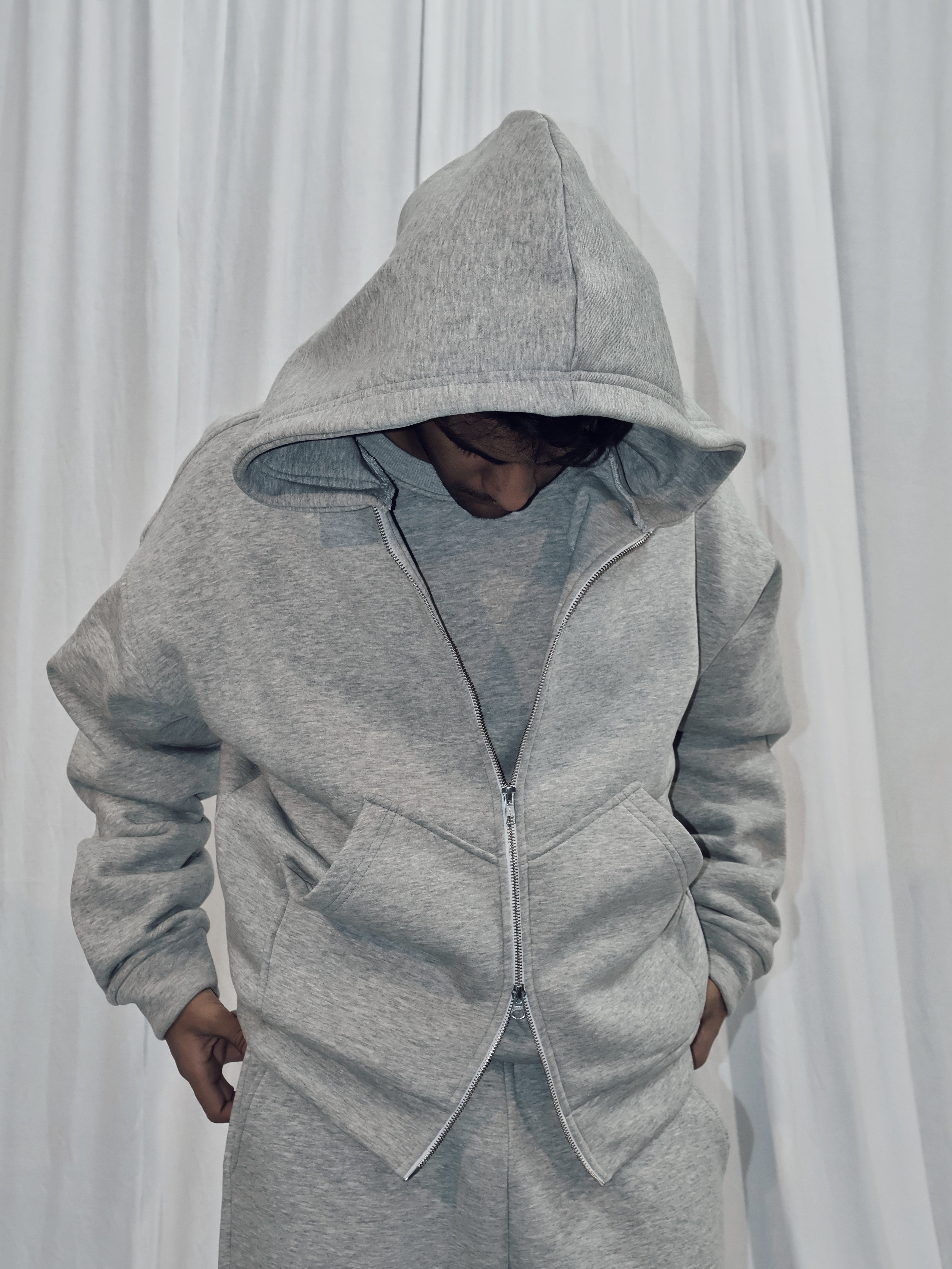 DOUBLE ZIPPER GREY UNISEX BAGGY HOODIE