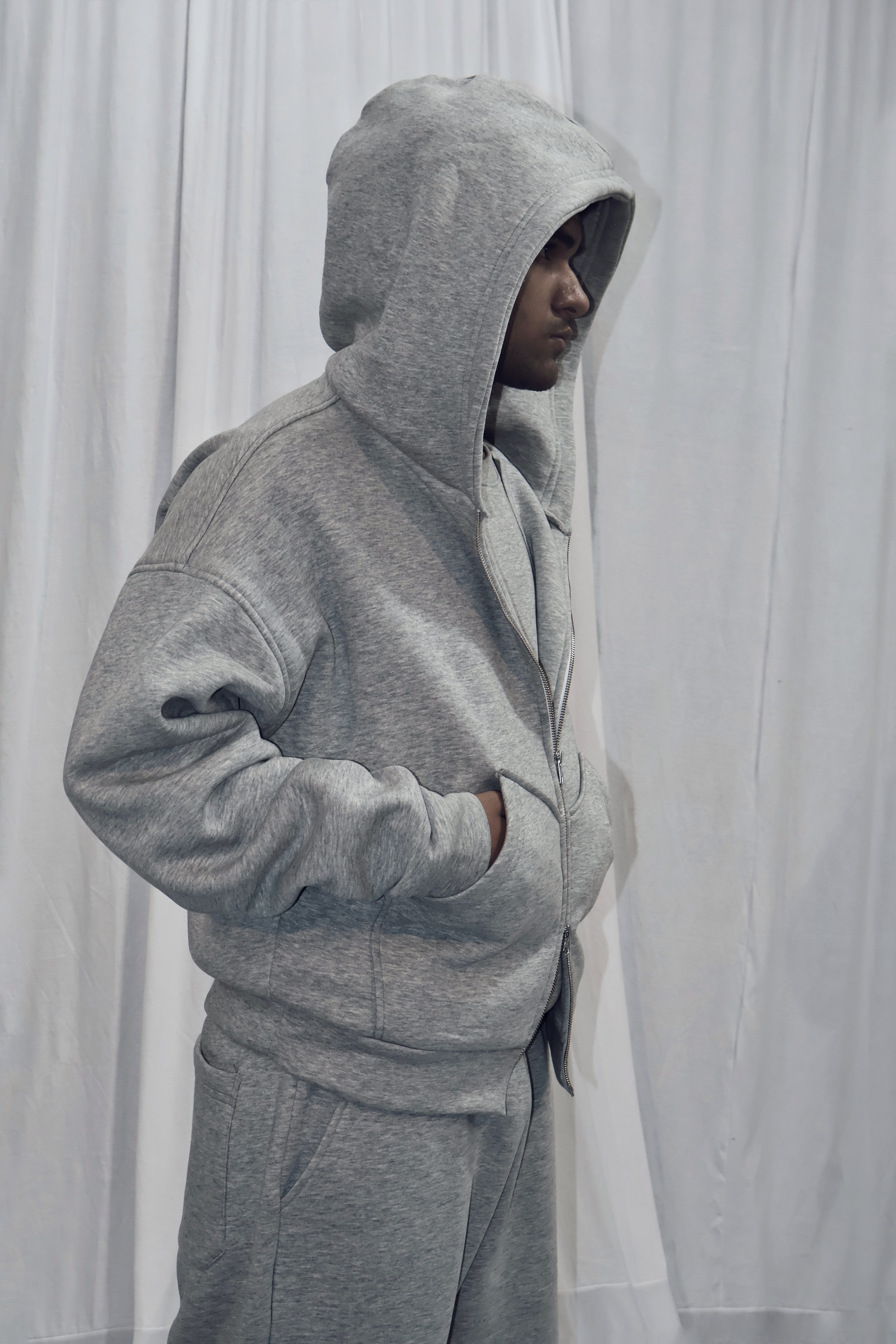 DOUBLE ZIPPER GREY UNISEX BAGGY HOODIE