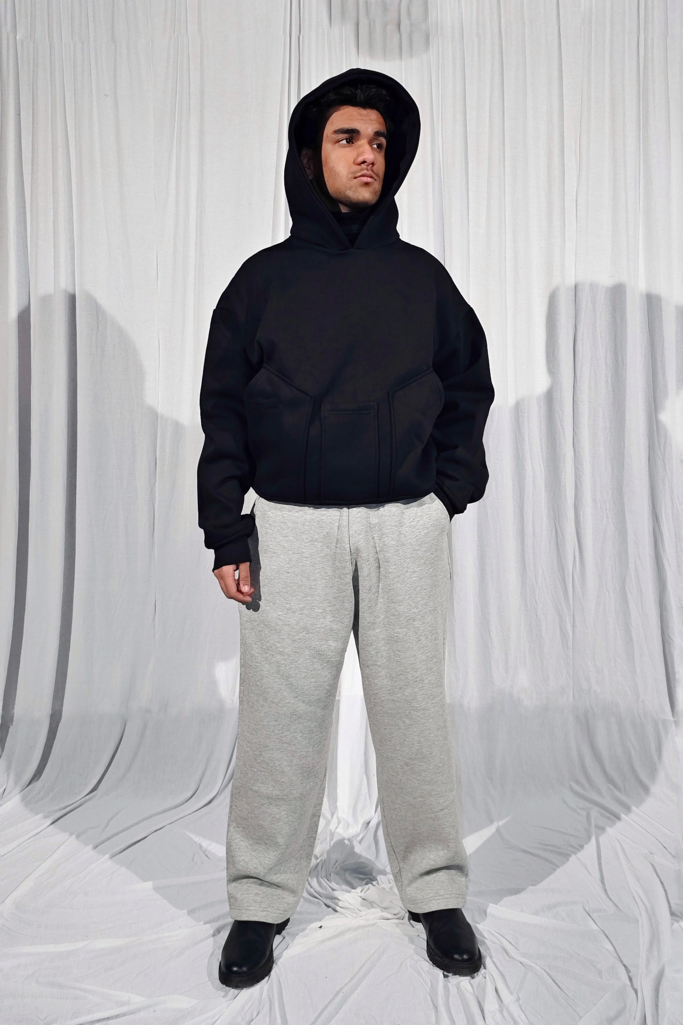 Black Baggy Vertical Pocket Unisex Hoodie