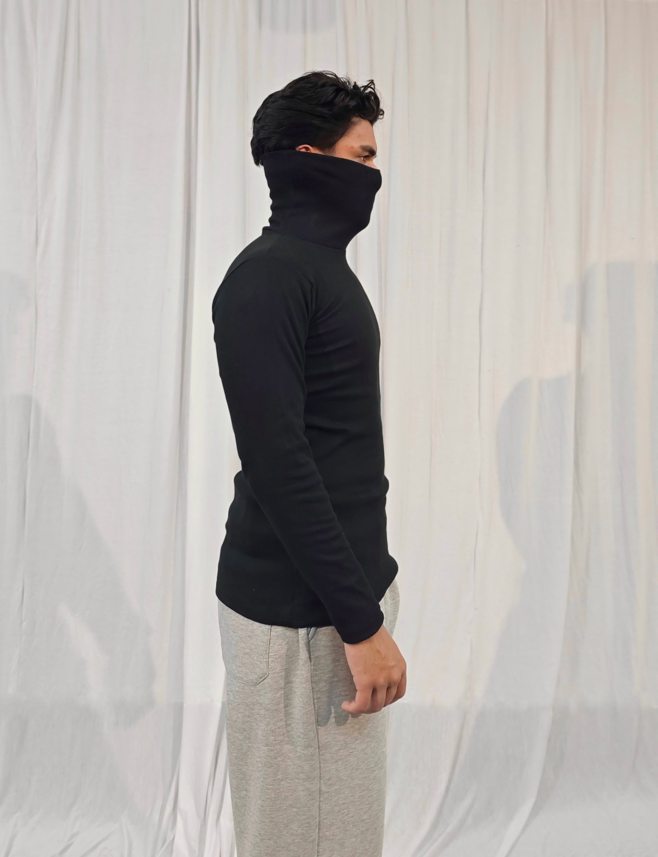 Cotton Rib Black High Neck