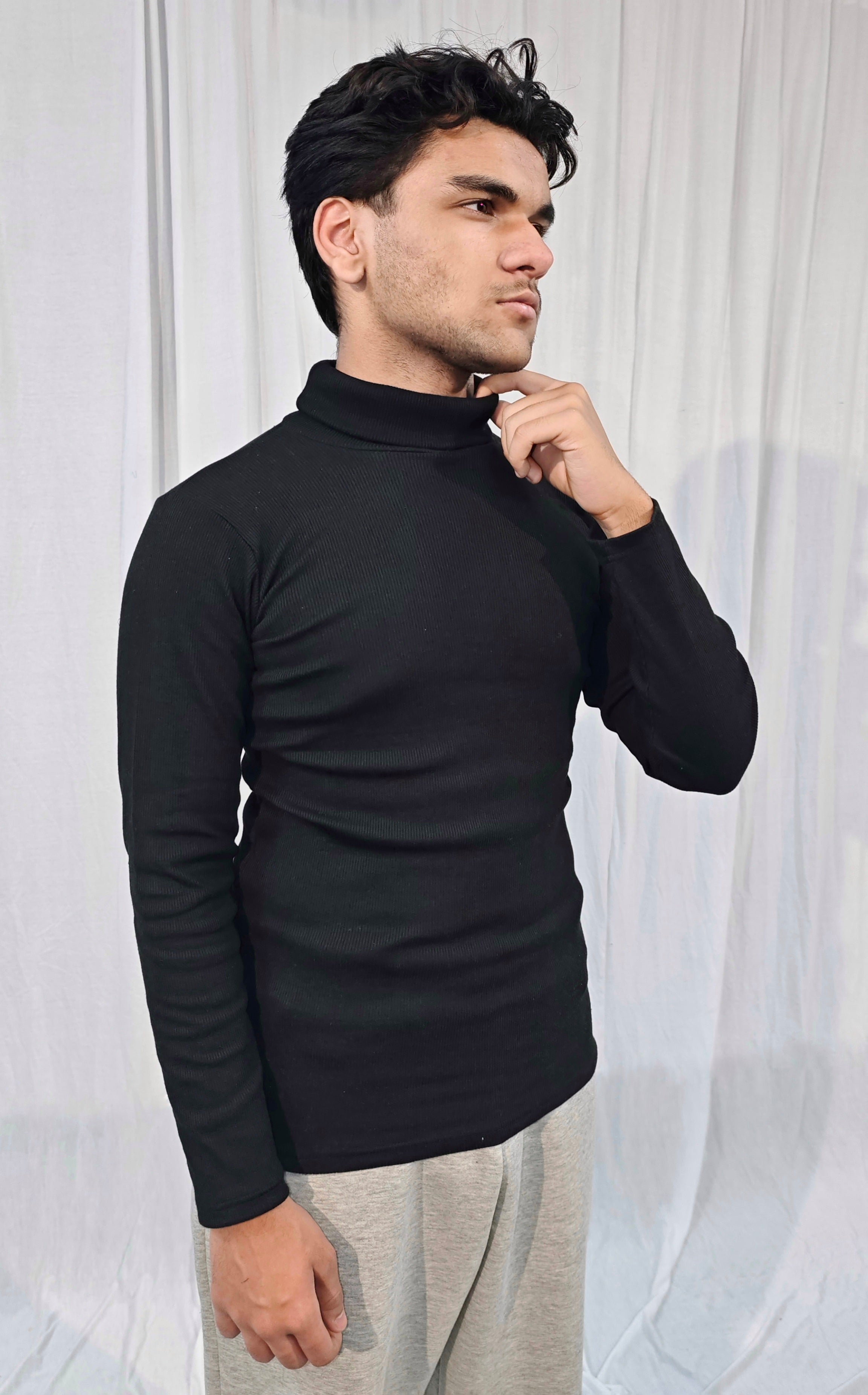 Cotton Rib Black High Neck