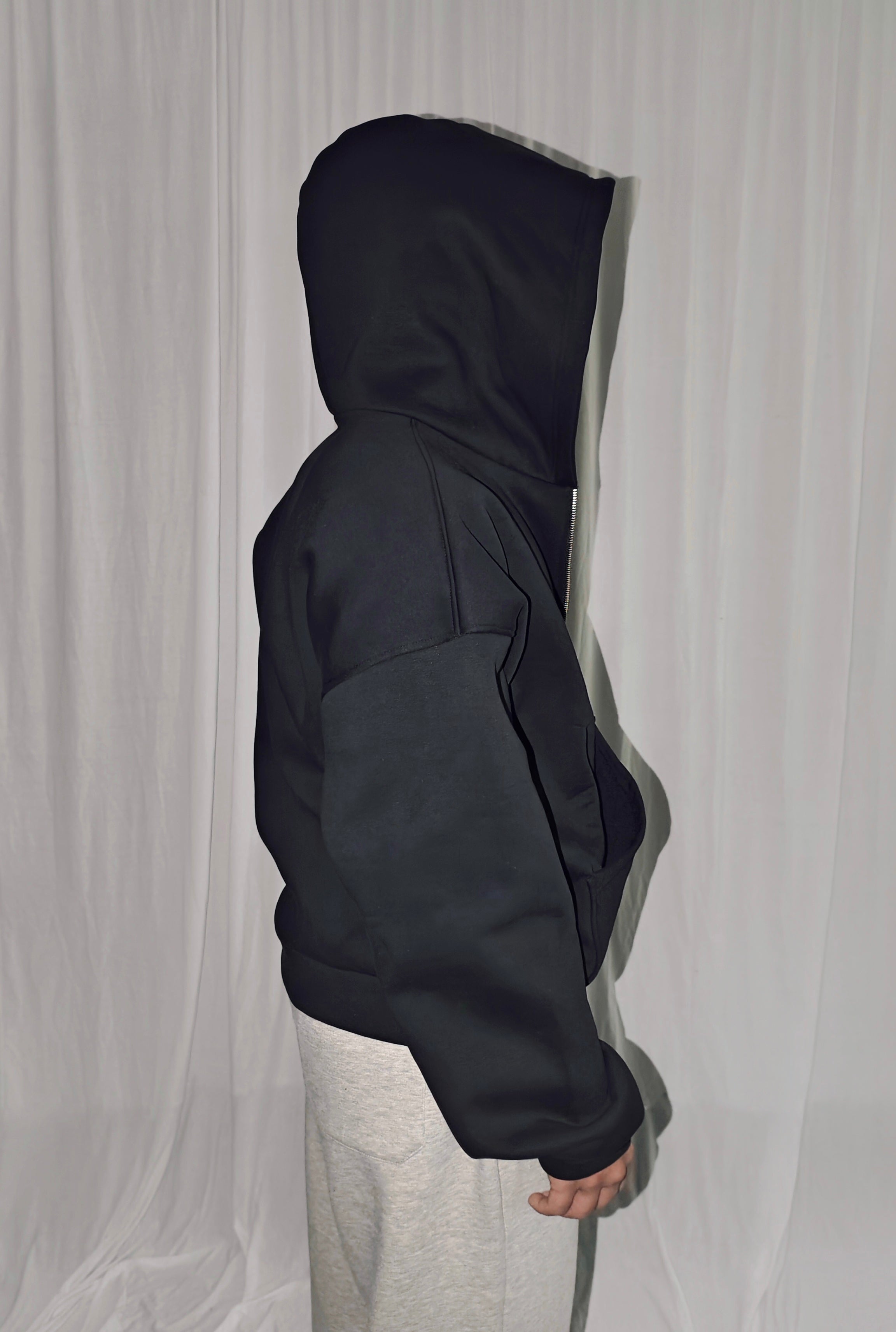 DOUBLE ZIPPER BLACK UNISEX BAGGY HOODIE