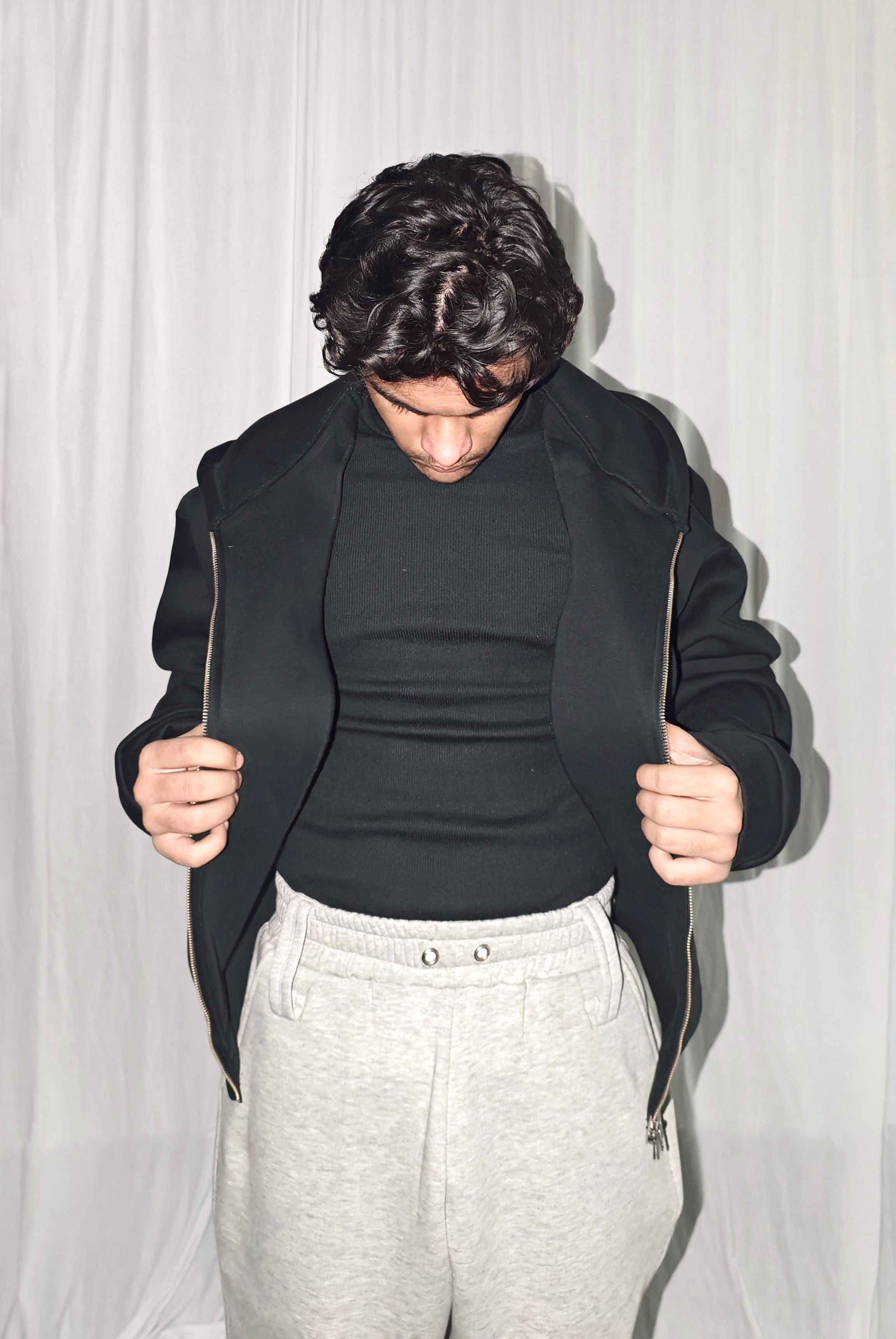 DOUBLE ZIPPER BLACK UNISEX BAGGY HOODIE