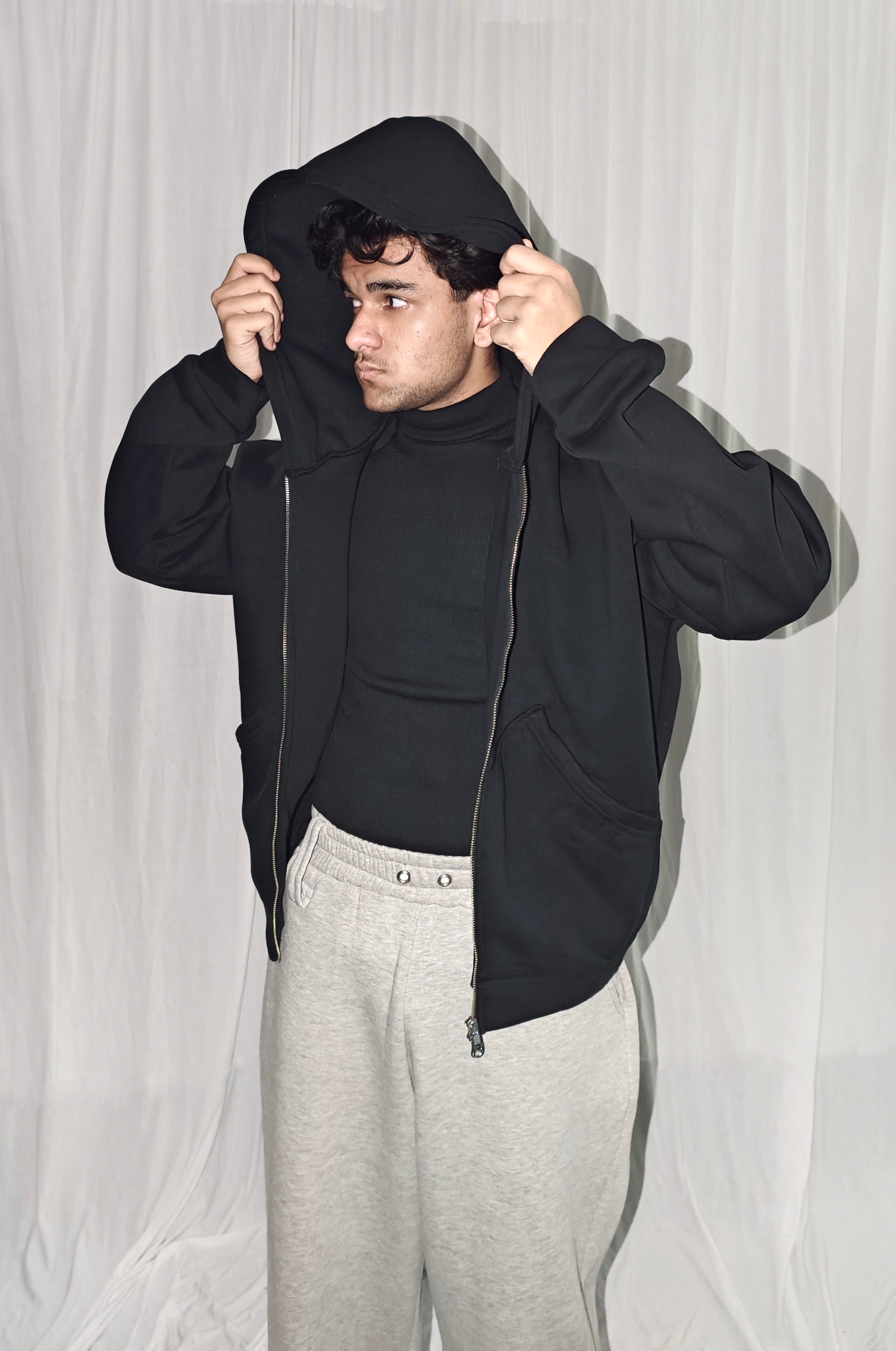 DOUBLE ZIPPER BLACK UNISEX BAGGY HOODIE